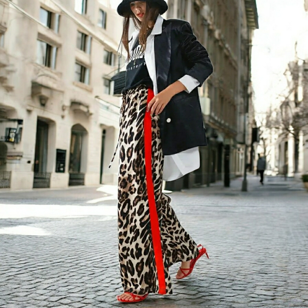 Leopard Print Wide Leg Pants with Red Stripe